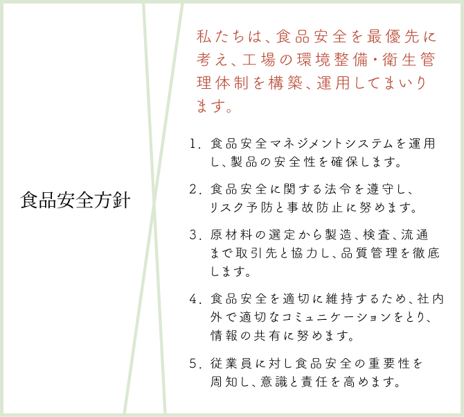 食品安全方針:私たちは、食品安全を最優先に考え、工場の環境整備・衛生管理体制を構築、運用してまいります。1.食品安全マネジメントシステムを運用し、製品の安全性を確保します。2.食品安全に関する法令を遵守し、リスク予防と事故防止に努めます。3.原材料の選定から製造、検査、流通まで取引先と協力し、品質管理を徹底します。4.食品安全を適切に維持するため、社内外で適切なコミュニケーションをとり、情報の共有に努めます。5.従業員に対し食品の重要性を周知し、意識と責任を高めます。